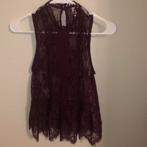 Maroon Sleeveless see through lace blouse